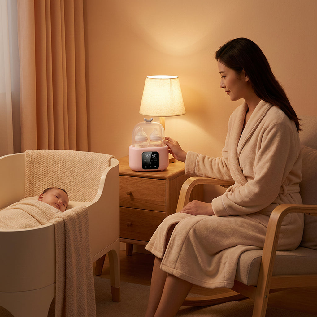 Maman attend le réveil de bébé avec le chauffe biberon rose