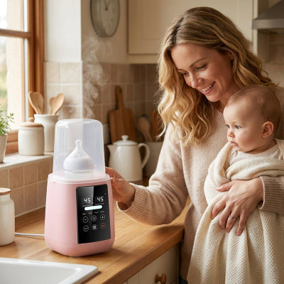 Maman et bébé avec chauffe biberon dans la cuisine