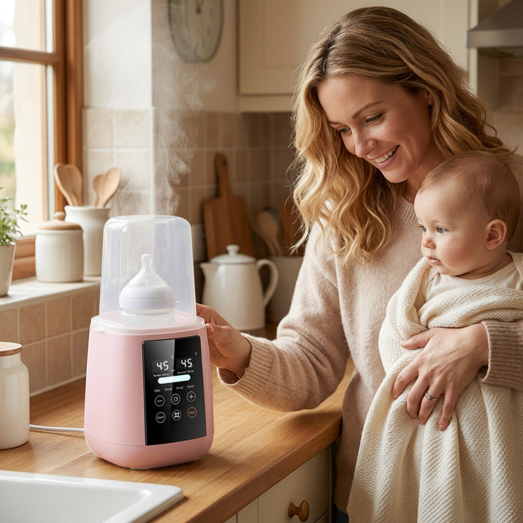 Maman et bébé avec chauffe biberon rose dans la cuisine
