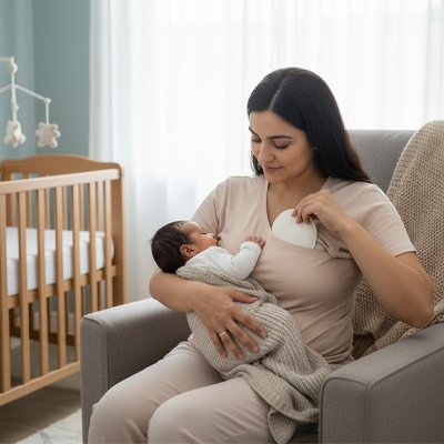 Maman avec bébé qui pose coussinet d'allaitement