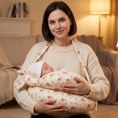 Maman avec son bébé sur coussin allaitement