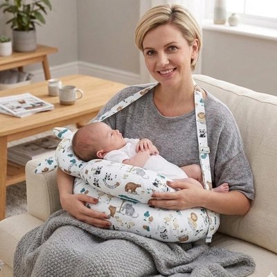 Maman avec bébé sur coussin d'allaitement