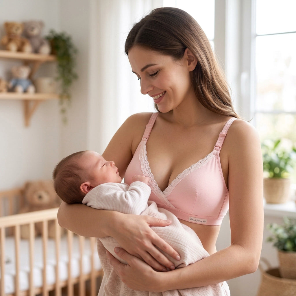 Maman avec soutien gorge allaitement rose qui tient bébé