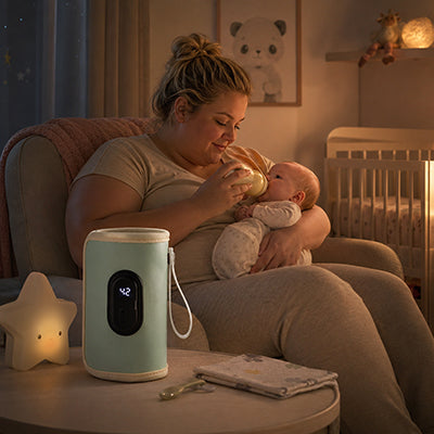 Maman bébé avec chauffe biberon nomade menthe dans la chambre
