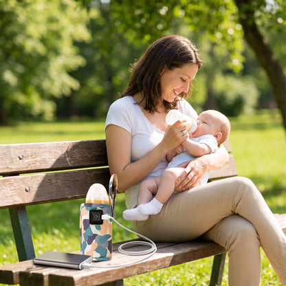 Maman bébé avec chauffe biberon portable sur banc de parc