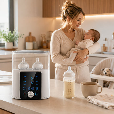 Maman tient bébé dans la cuisine avec chauffe biberon