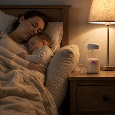 Maman et bébé dorment lit biberon rose table de nuit