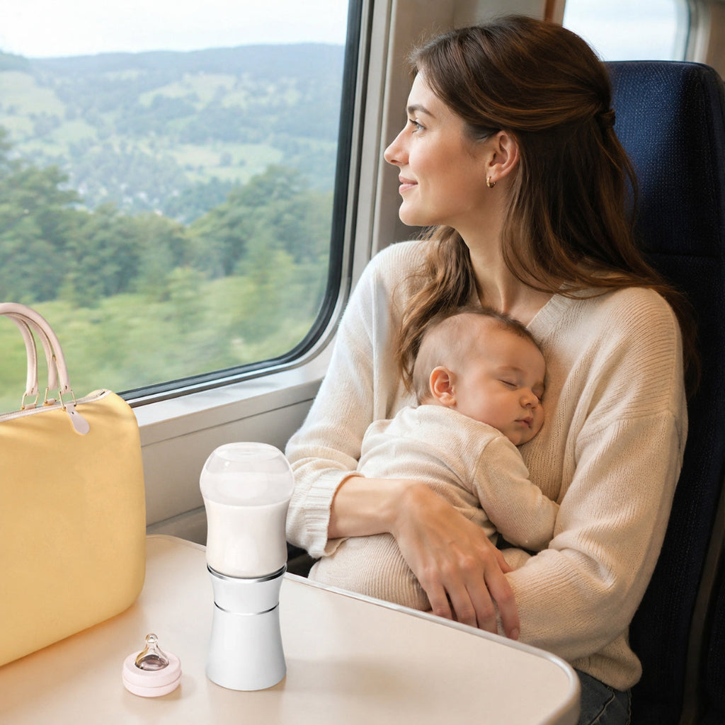 Maman et bébé en train avec chauffe biberon nomade