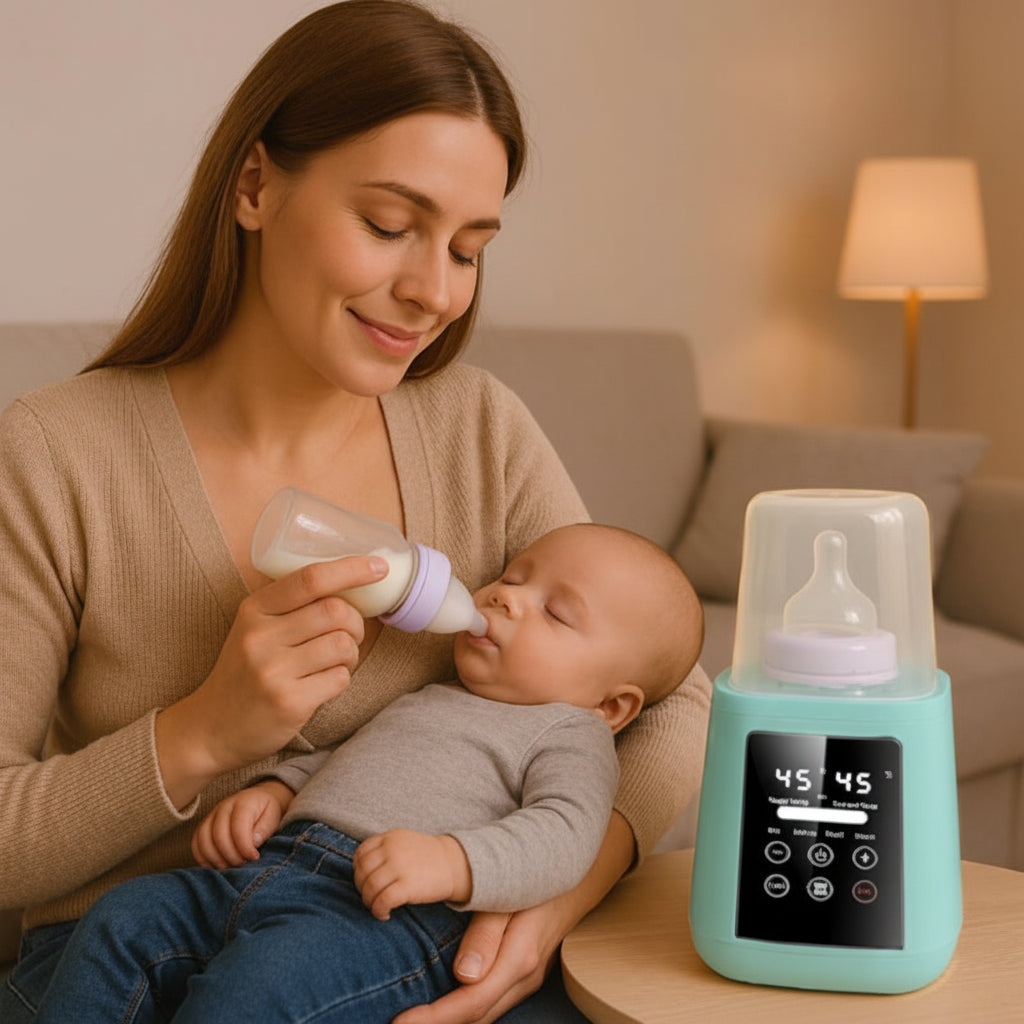 Maman donne biberon à bébé avec un chauffe biberon vert