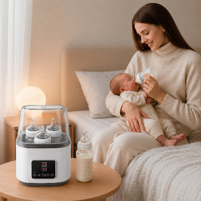 Maman donne biberon bébé avec chauffe biberon lait maternel