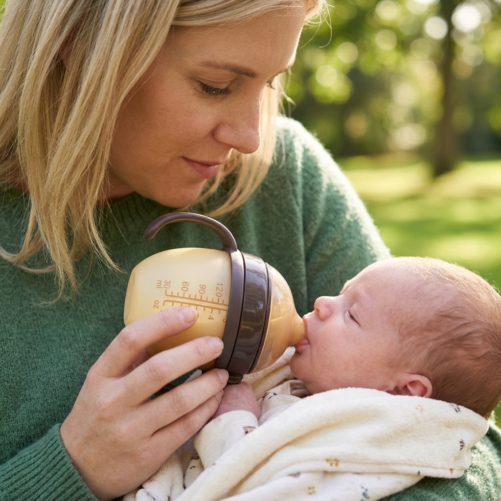 Maman donne le biberon à bébé dans un parc