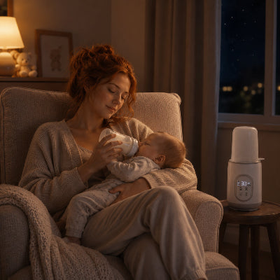 Maman sommeil et donne biberon à bébé avec chauffe biberon