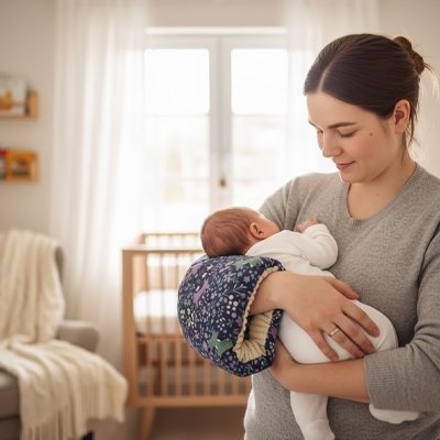 Maman calme bébé sur coussin d'allaitement