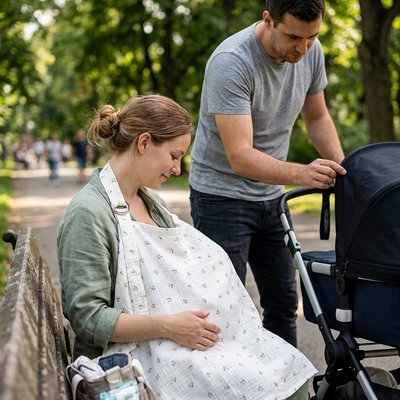 Maman porte cape d'allaitement sur banc parc avec papa