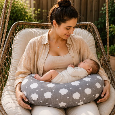 Maman sur chaise de jardin avec bébé sur coussin d'allaitement