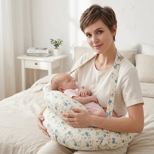 Maman confortable avec bébé sur coussin allaitement