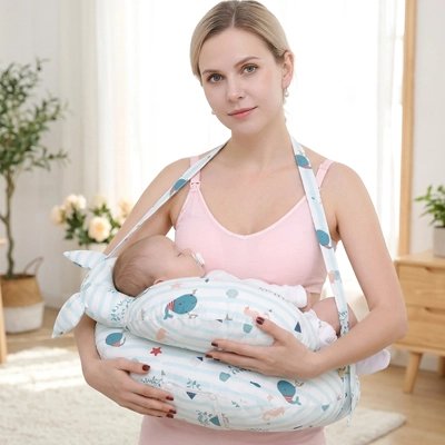 Maman debout avec bebe sur coussin allaitement