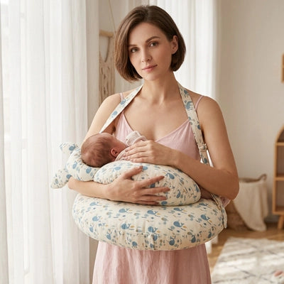 Maman debout avec coussin allaitement et bébé