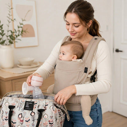 Maman dépose tire lait rose dans sac avec porte-bébé