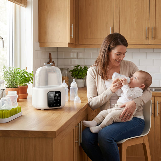Maman donne biberon avec chauffe biberon dans la cuisine
