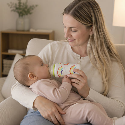 Maman donne biberon avec chauffe biberon nomade style arc-en-ciel