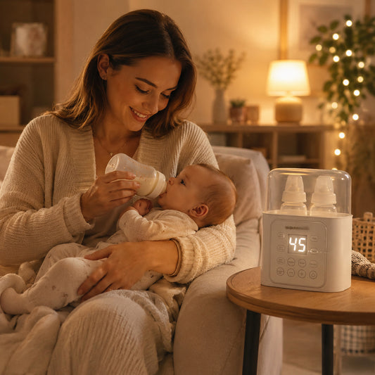 Maman donne biberon avec chauffe biberon sur la table