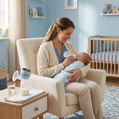 Maman donne biberon à bébé avec tire lait bleu