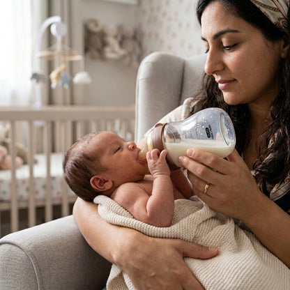 Maman donne le biberon en verre à bébé