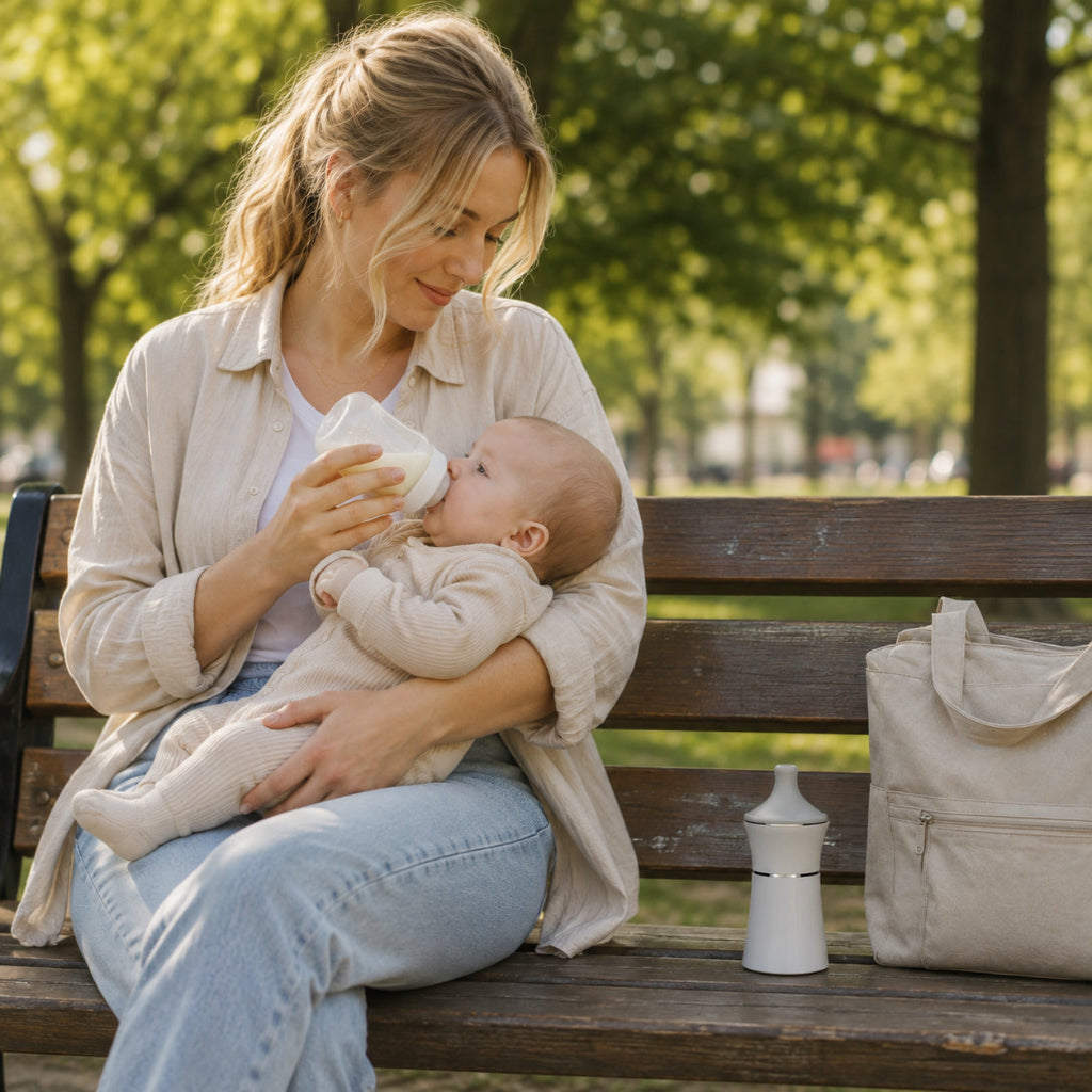 Maman donne biberon sur banc parc avec chauffe biberon nomade