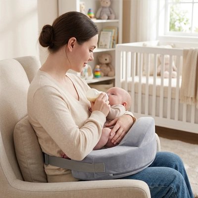 Maman donne le biberon sur coussin d'allaitement