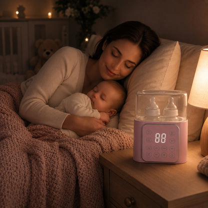 Maman dort avec bebe avec chauffe biberon rose sur table