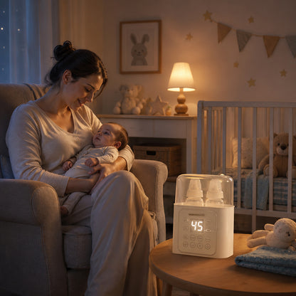 Maman et bébé attendent que le chauffe biberon soit prêt