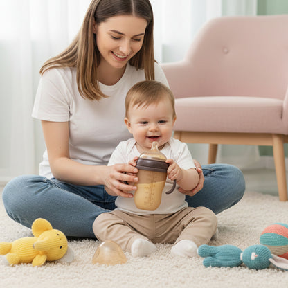 Maman et bébé avec biberon dans le salon