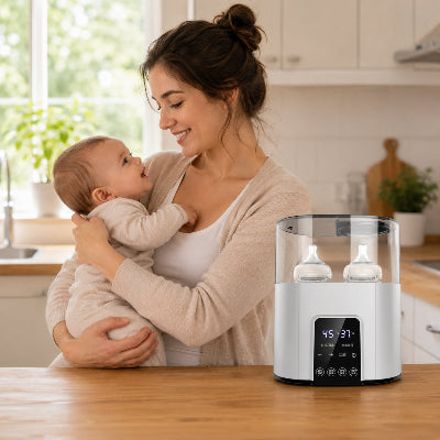 Maman avec bébé et chauffe biberon dans la cuisine