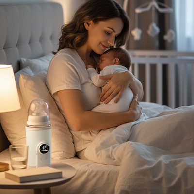 Maman et bébé dans le lit avec chauffre biberon nomade