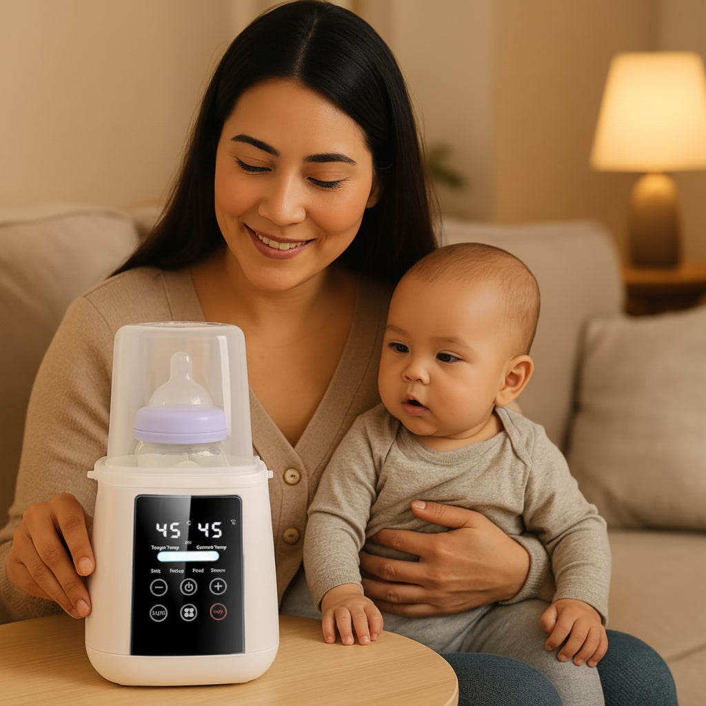 Maman et bébé regarde le chauffe biberon blanc