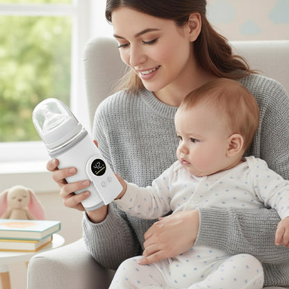 Maman et bébé regarde chauffe biberon nomade blanc