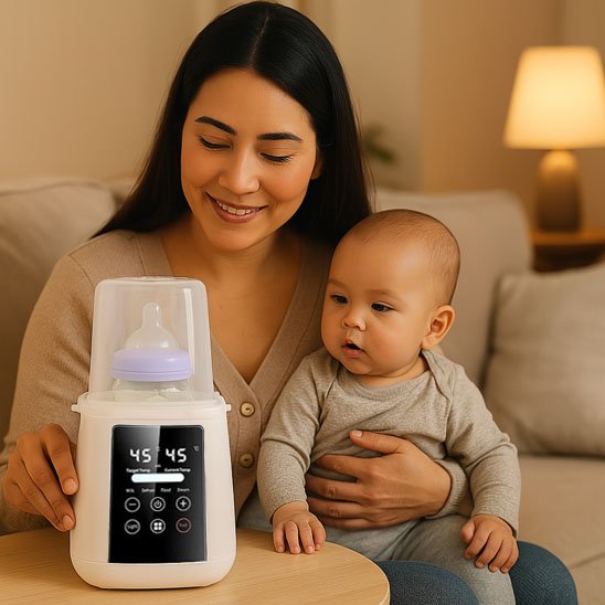Maman et bébé regarde le chauffe biberon