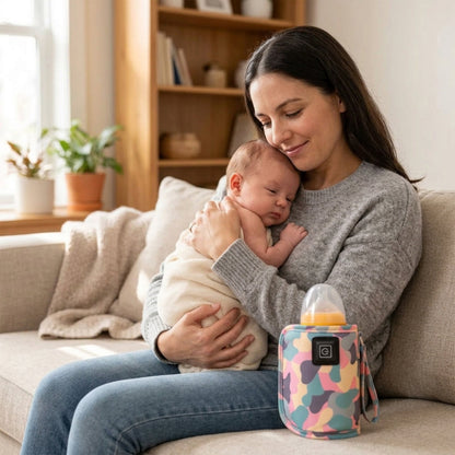 Maman et chauffe biberon portable sur divan qui câline bébé