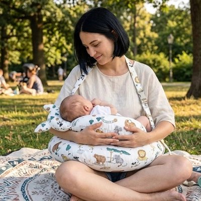 Maman à l'extérieur avec bébé sur coussin d'allaitement