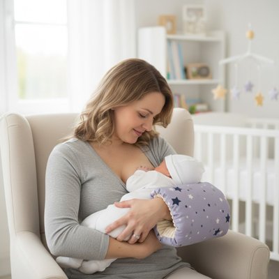 Maman heureuse dans la chambre bébé sur brassard d'allaitement étoile