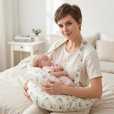 Maman installée confortablement avec bébé sur coussin allaitement