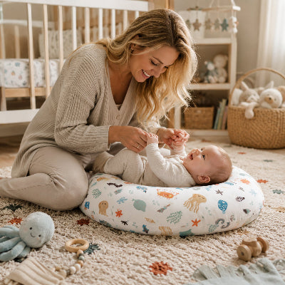 Maman qui joue avec bébé sur le coussin d'allaitement