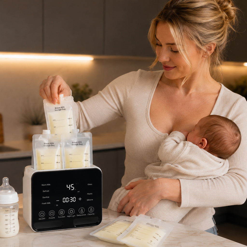 Maman met sachet lait maternel dans le chauffe biberon