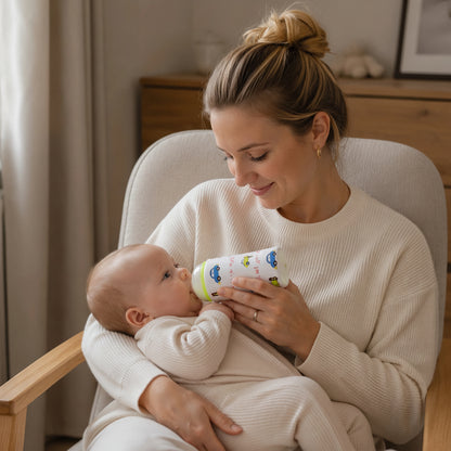 Maman nourrit bébé avec chauffe biberon nomade style voiture