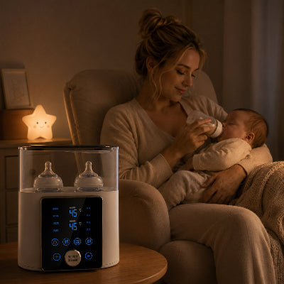 Maman la nuit donne biberon bébé avec chauffe biberon