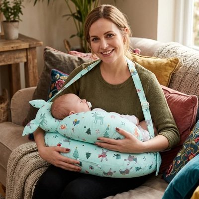 Maman qui porte son bébé sur coussin allaitement