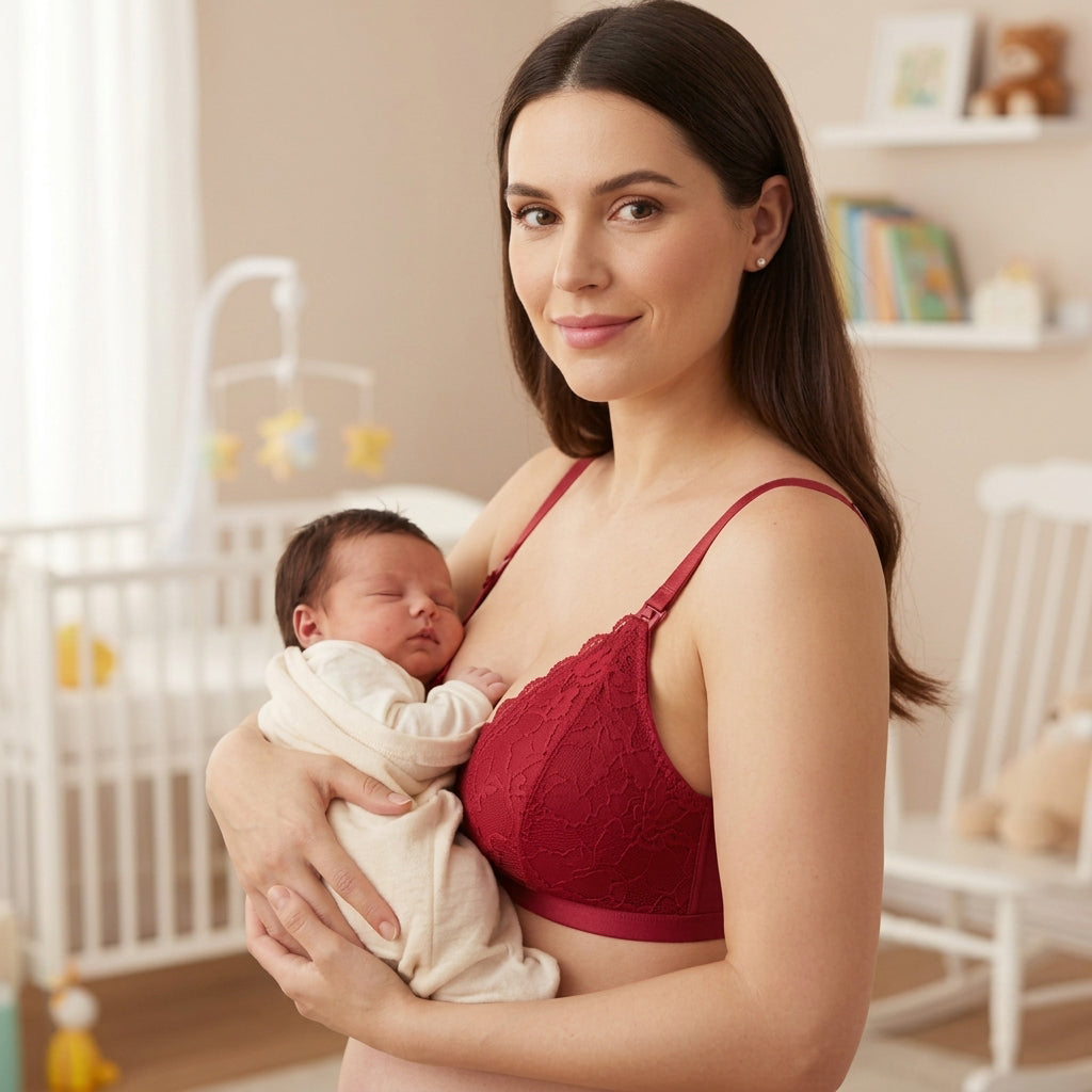 Maman porte soutien gorge allaitement rouge et bébé