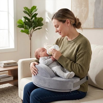 Maman qui donne le biberon sur coussin d'allaitement