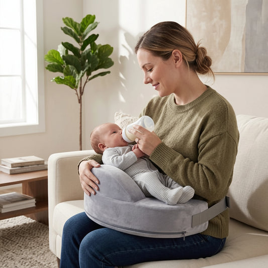 Maman qui donne le biberon sur coussin d'allaitement